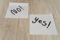 Sticky notes with 'no' in focus and 'yes' out of focus Royalty Free Stock Photo